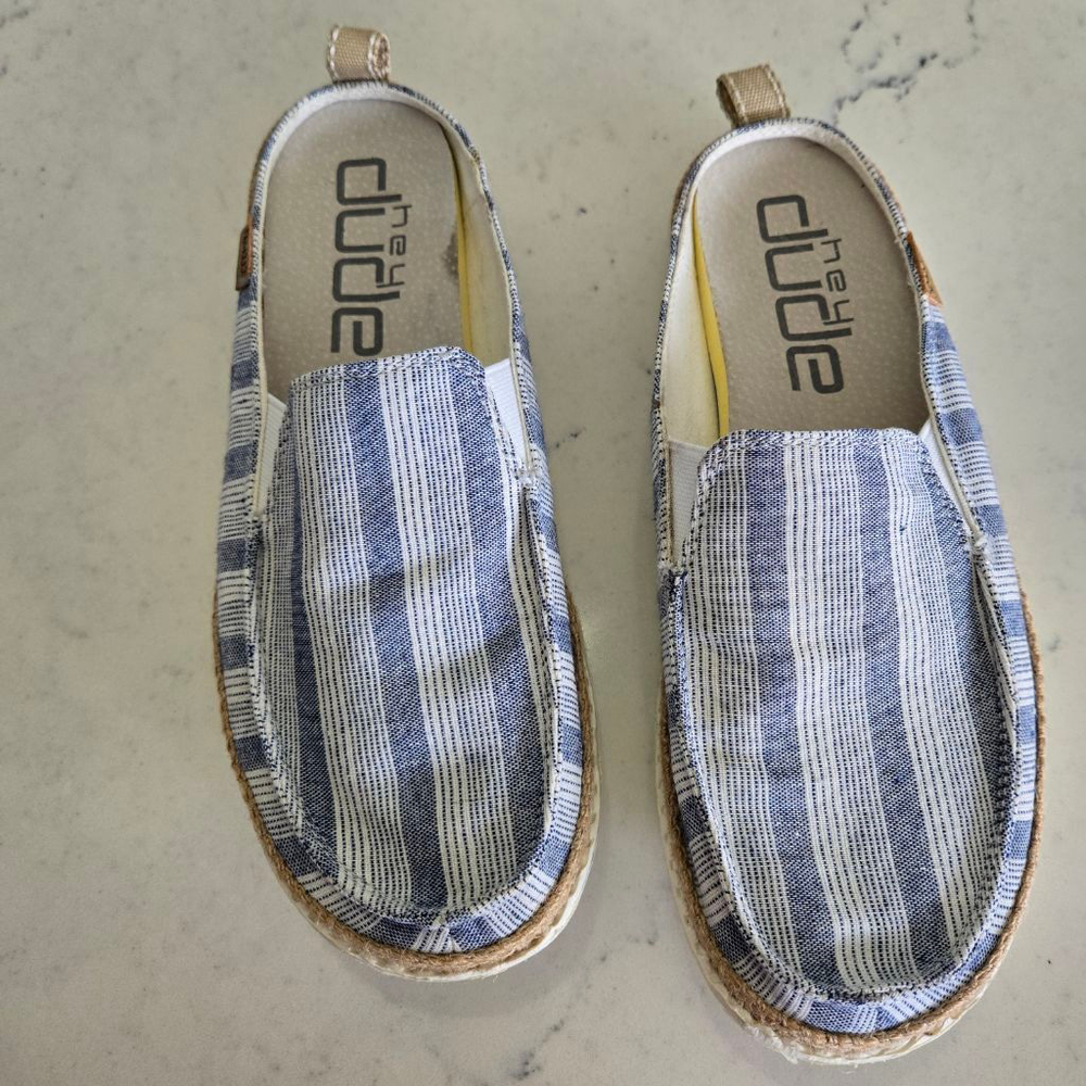 Women's Hey Dude Blue White Stripe Lexi Mules & Clogs Size 7